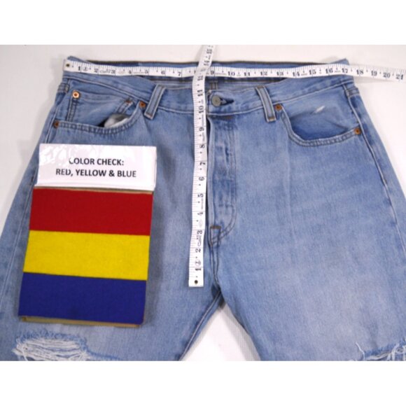 LEVIS blue distressed 501 cut off capri jeans Button Fly 35 waist 24 inseam - Picture 2 of 5